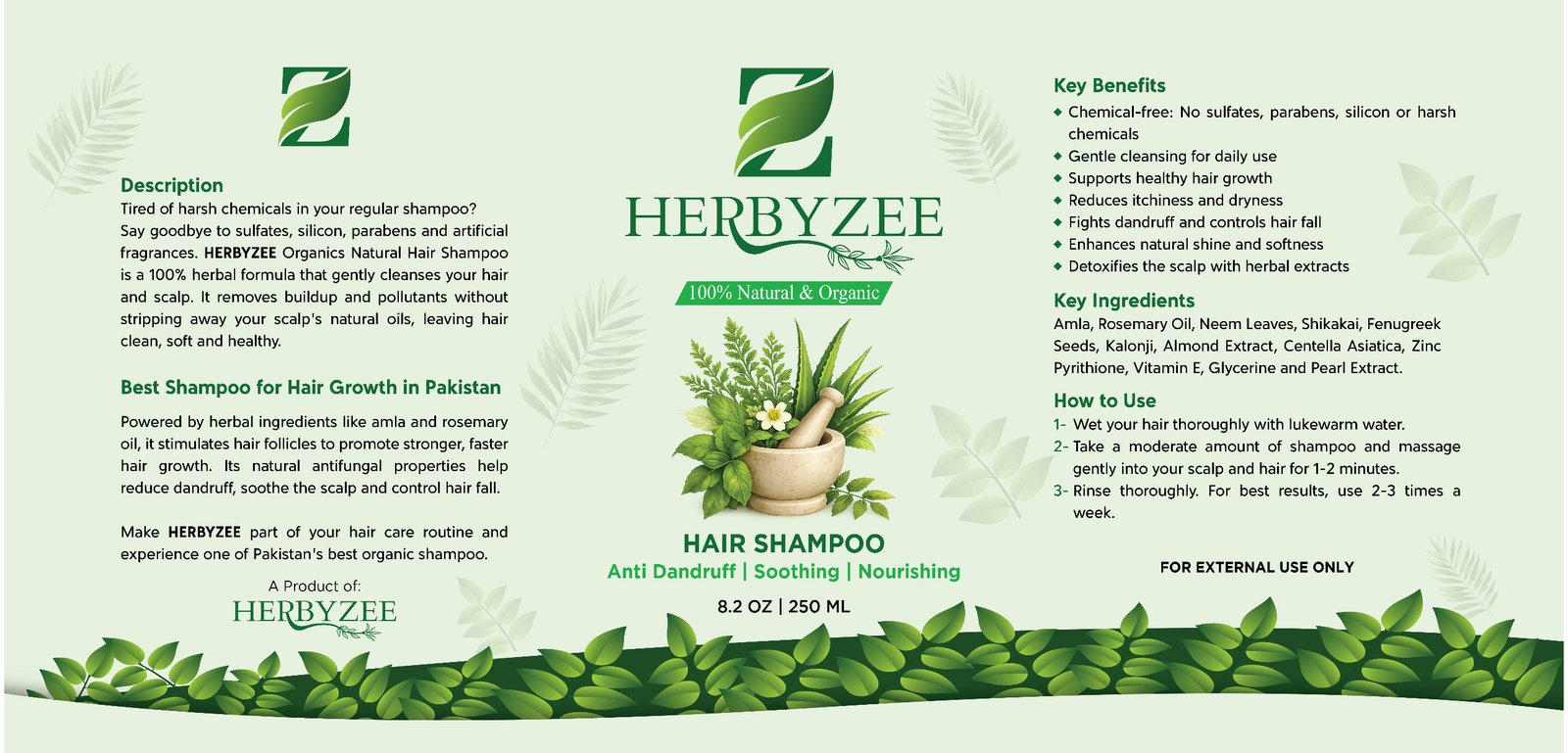 HERBYZEE Natural Hair Shampoo label with benefits ingredients and usage instructions